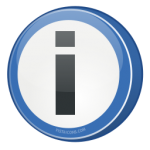 Logotyp INFO: czarna litera i na białym tle w niebieskim okręgu
