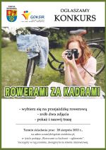 Plakat konkursu - kucająca kobieta robiąca zdjęcie, w tle rower i tereny zielone