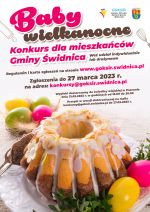 Plakat konkursu- góra różowo-brązowe liternictwo, dół-zdjęcie lukrowanej baby w otoczeniu kolorowych jaj