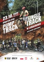 Plakat - otwarcie pump trucka - młodzi rowerzyści na tle