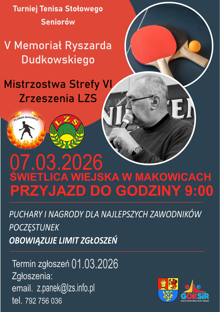 Plakat wydarzenia - kolorystyka czerwono-czarna. W plakat wkomponowana sylwetka Ryszarda Dudtkowskiego mówiącego do mikrofonu oraz rakietki tenisowe
